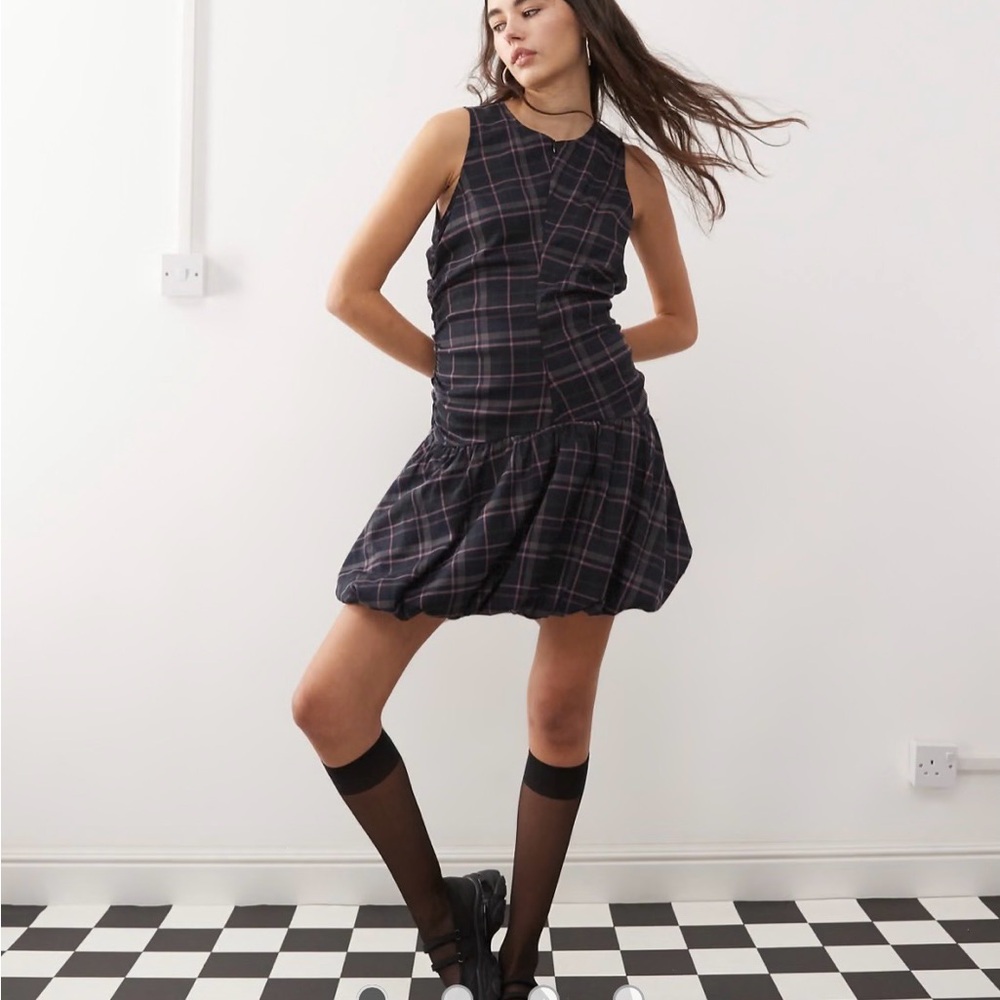 Sleeveless Dark Navy Plaid Bubble-Hem Mini Dress